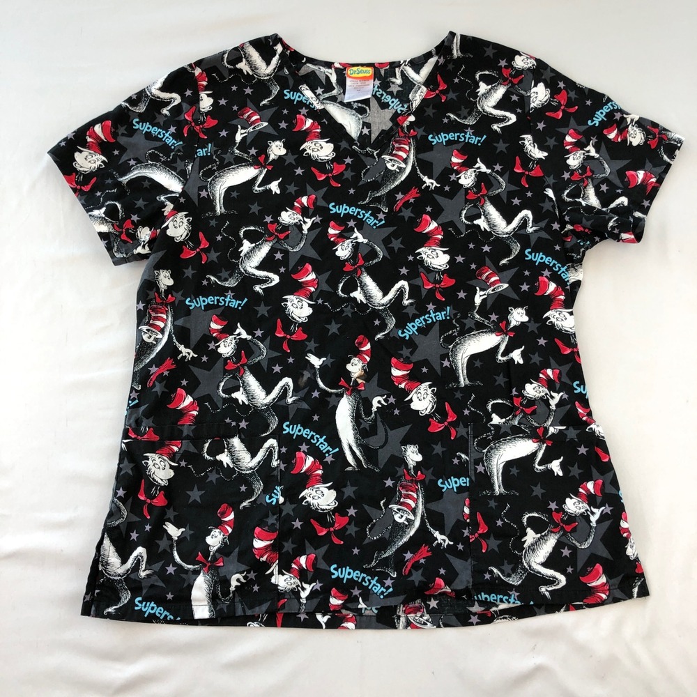 Dr. Seuss Cat In The Hat Scrub Top Women's Size Medium Superstar Black Red Blue